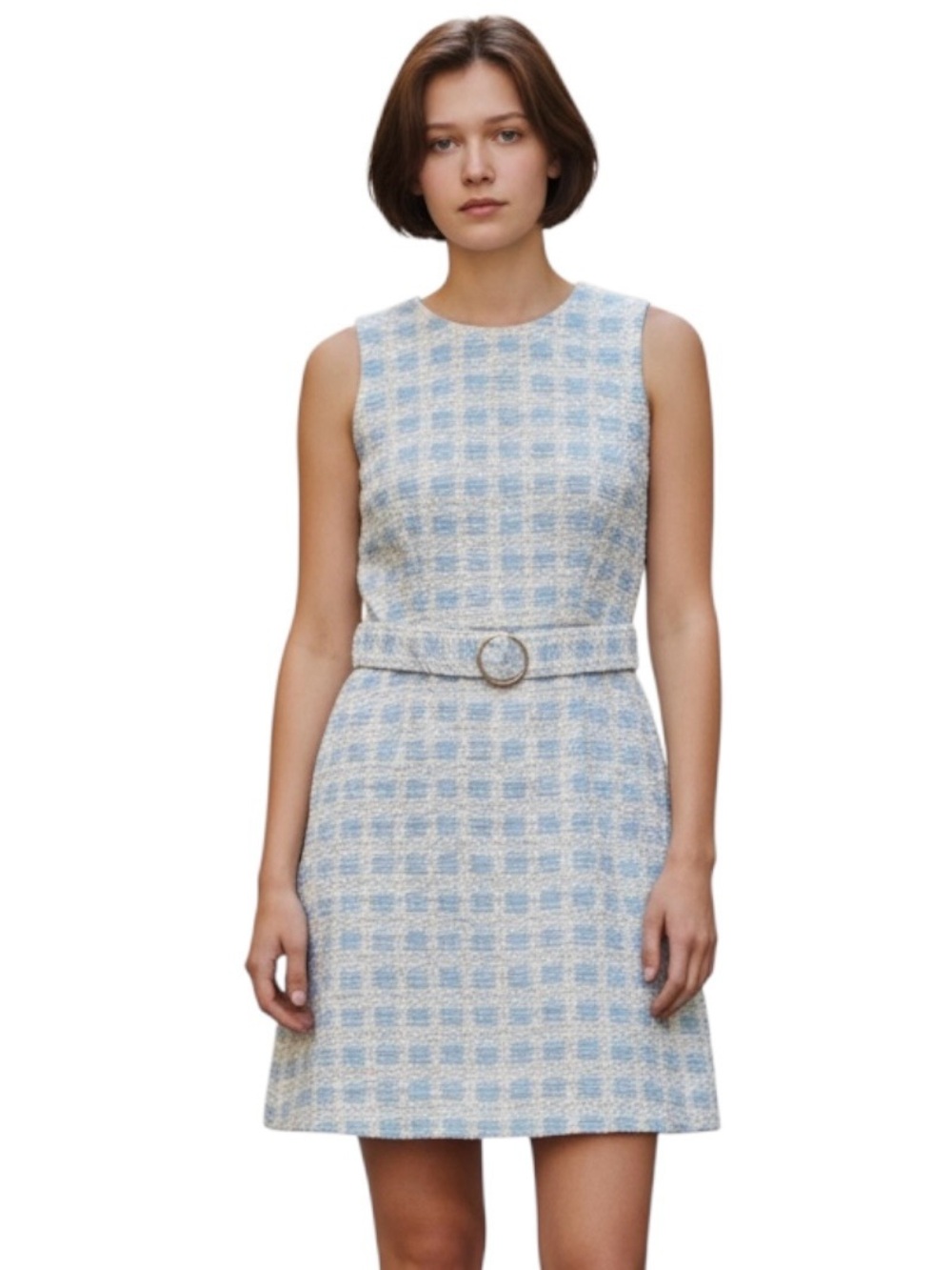 Taylor Dress Women's Sz 8 Blue White Check Fitted Sleeveless Belted A-Line Tweed